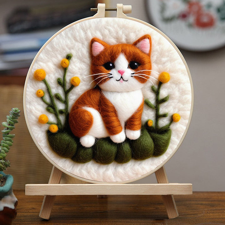 Cat Surrounded by Yellow and Green Plants Wool Needle Felting Painting Kit