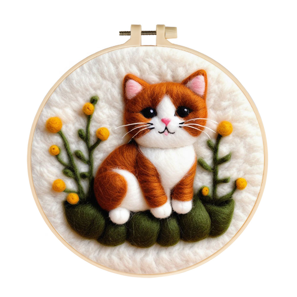 Cat Surrounded by Yellow and Green Plants Wool Needle Felting Painting Kit
