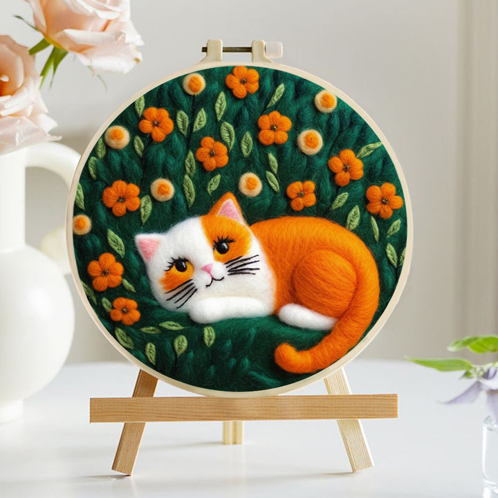 Orange Cat Lies Among Yellow Flowers Wool Needle Felting Painting Kit