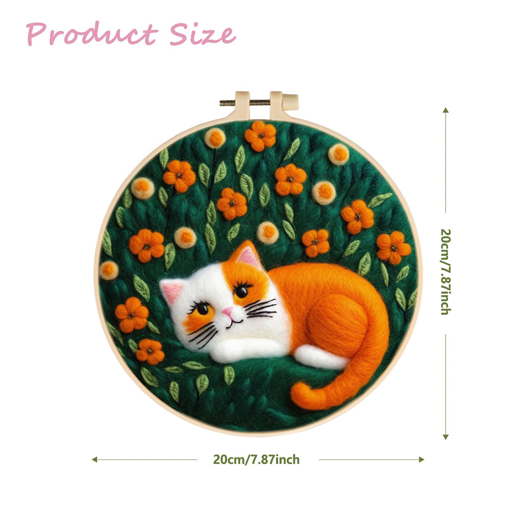 Orange Cat Lies Among Yellow Flowers Wool Needle Felting Painting Kit