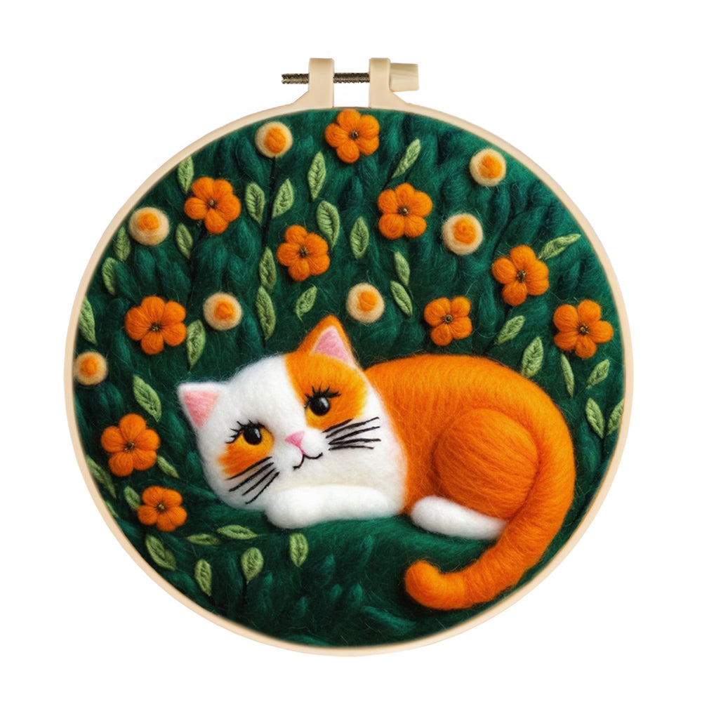 Orange Cat Lies Among Yellow Flowers Wool Needle Felting Painting Kit