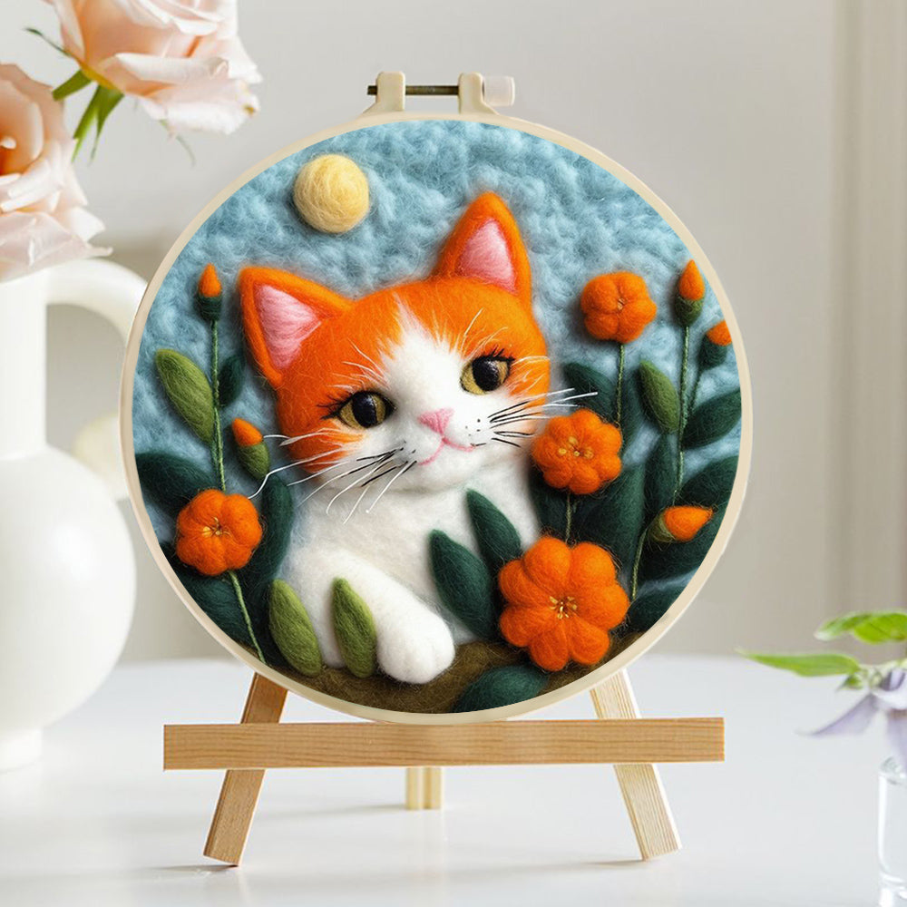 Cat Peeks Through Orange Flowers Wool Needle Felting Painting Kit