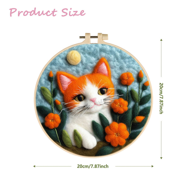 Cat Peeks Through Orange Flowers Wool Needle Felting Painting Kit