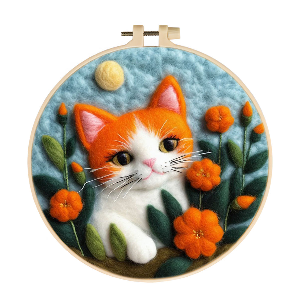 Cat Peeks Through Orange Flowers Wool Needle Felting Painting Kit