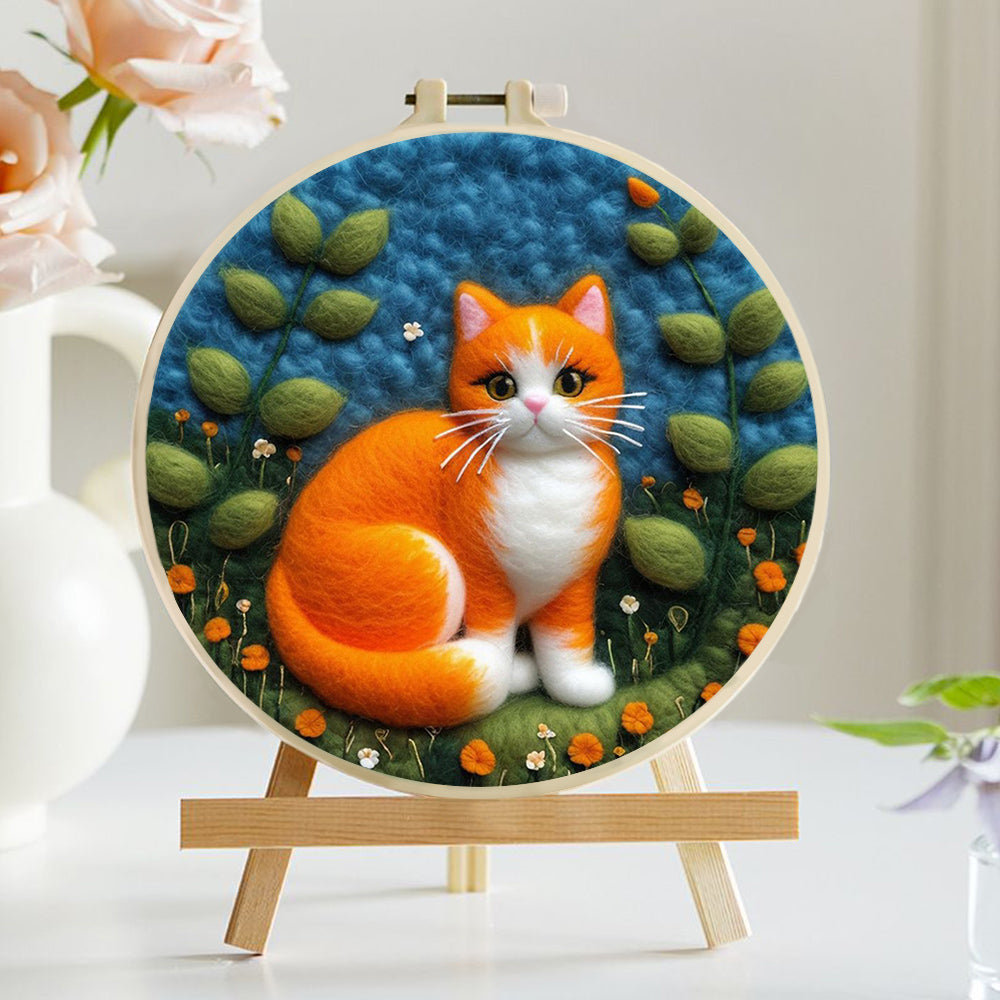 Cute Orange Cat Among Greenery Wool Needle Felting Painting Kit