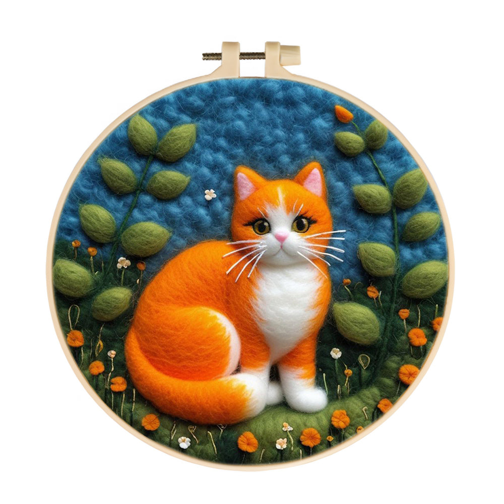 Cute Orange Cat Among Greenery Wool Needle Felting Painting Kit