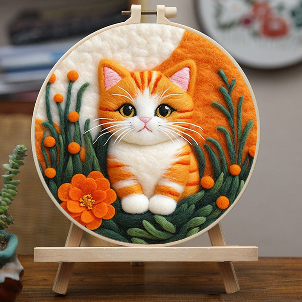 Orange Cat in Floral Setting Wool Needle Felting Painting Kit