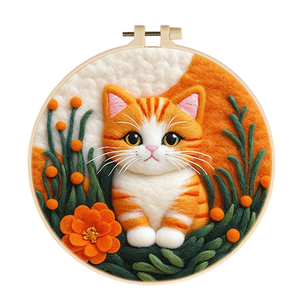 Orange Cat in Floral Setting Wool Needle Felting Painting Kit