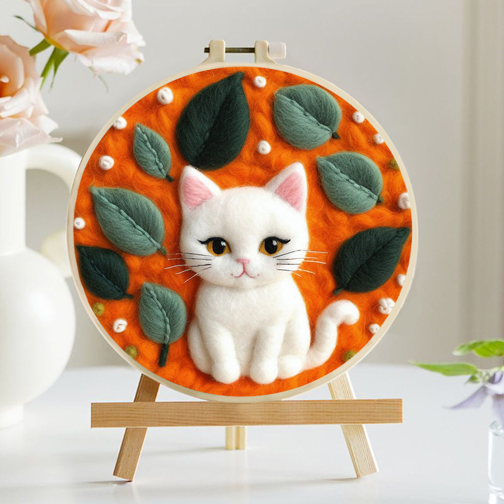 White Cat with Big Eyes Among Leaves Wool Needle Felting Painting Kit