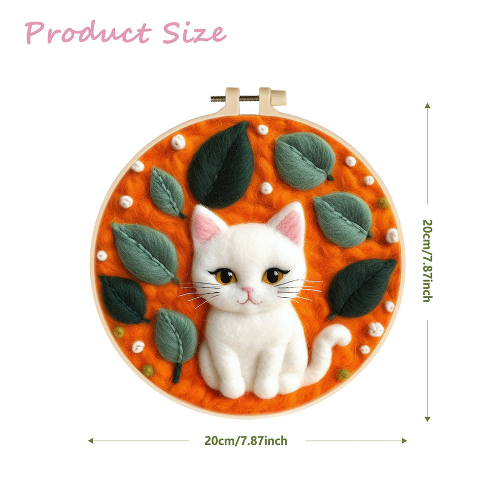 White Cat with Big Eyes Among Leaves Wool Needle Felting Painting Kit