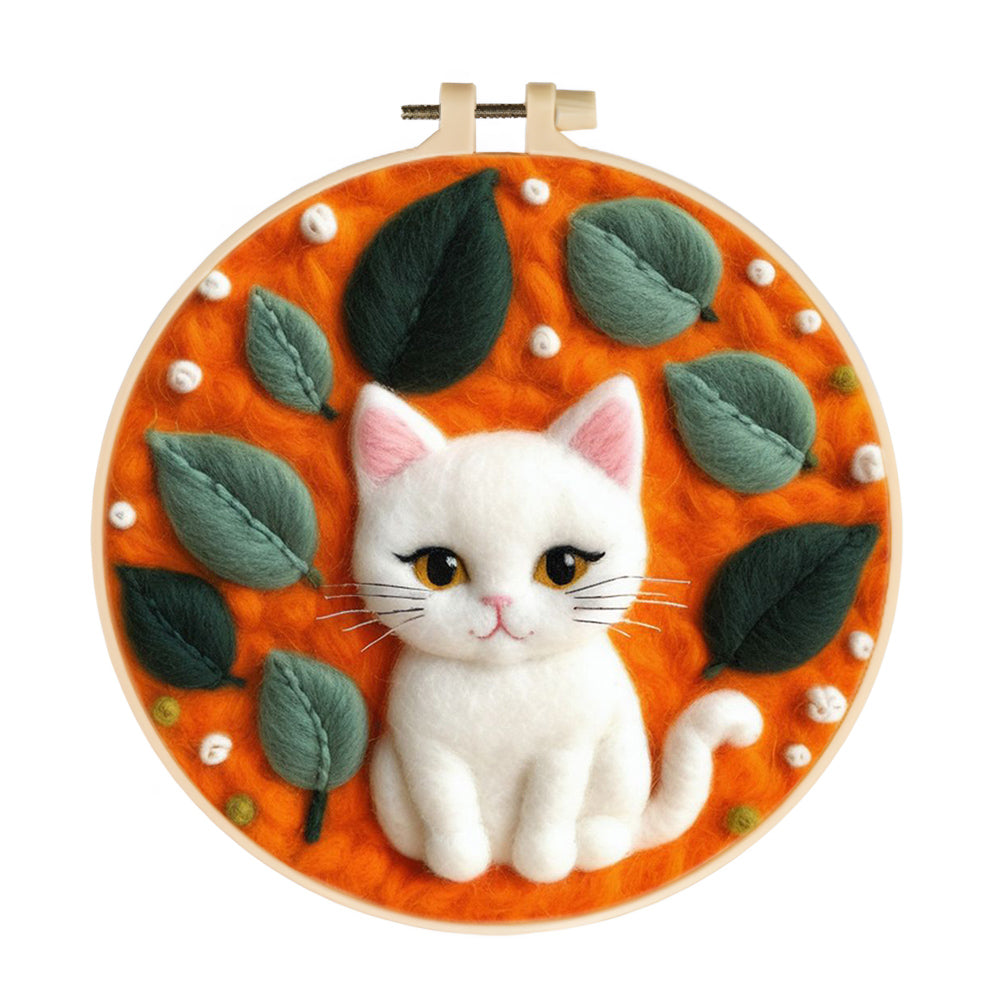 White Cat with Big Eyes Among Leaves Wool Needle Felting Painting Kit