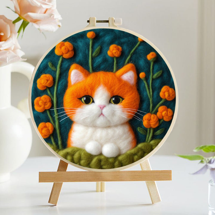 Playful Cat with Background and Flowers Wool Needle Felting Painting Kit