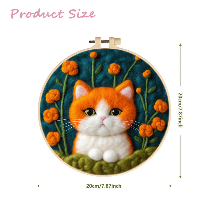 Playful Cat with Background and Flowers Wool Needle Felting Painting Kit