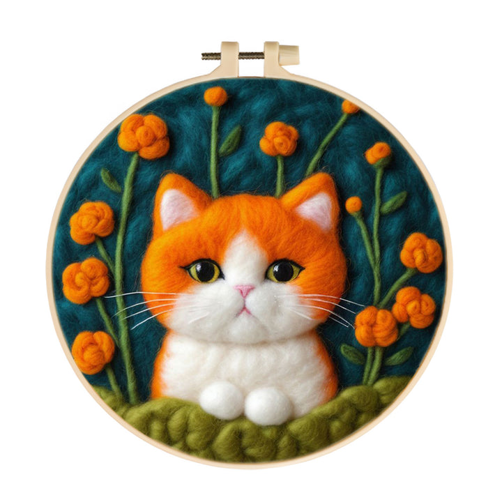 Playful Cat with Background and Flowers Wool Needle Felting Painting Kit