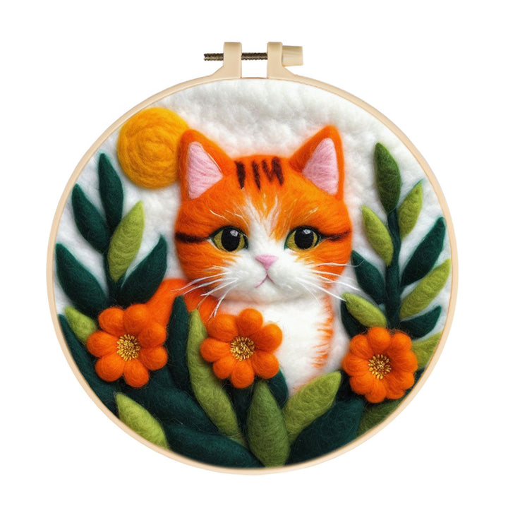 Curious Cat in Flowering Greenery Wool Needle Felting Painting Kit