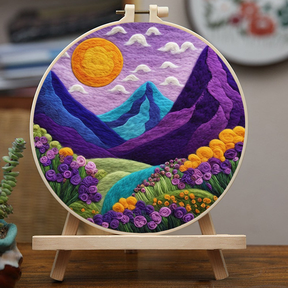 Golden Sun Over Mountains and Flowers Wool Needle Felting Painting Kit