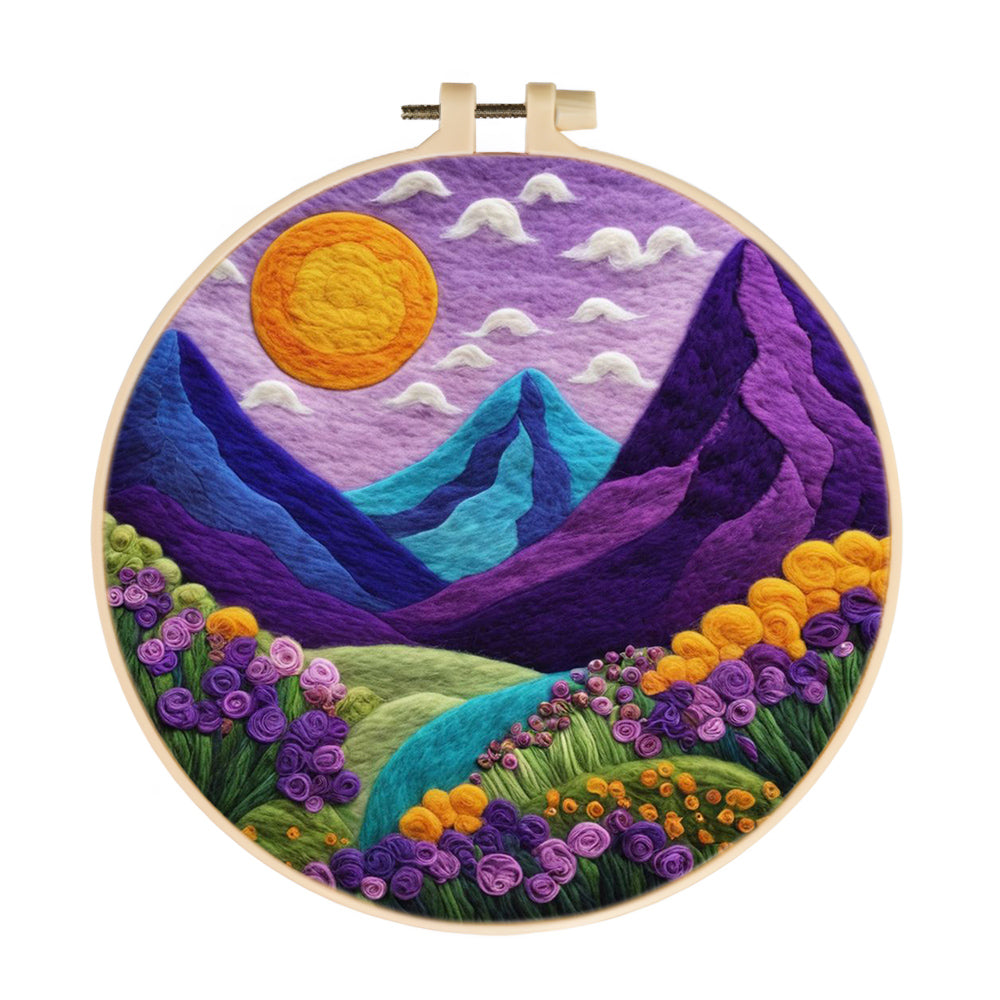 Golden Sun Over Mountains and Flowers Wool Needle Felting Painting Kit