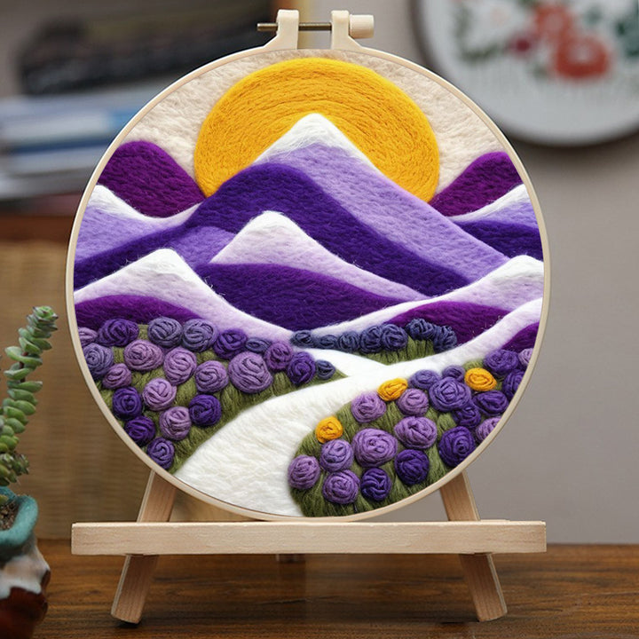 Yellow Sun Hovers Over Purple Peaks Wool Needle Felting Painting Kit