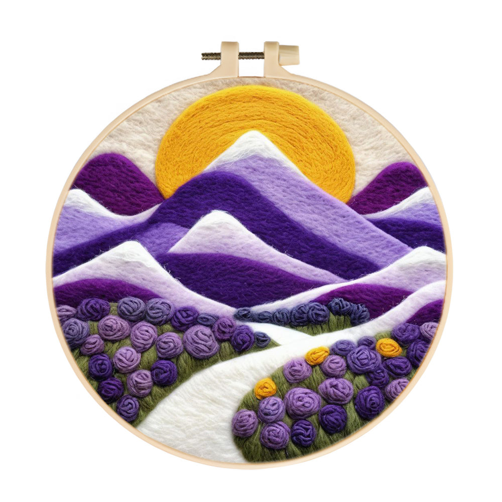 Yellow Sun Hovers Over Purple Peaks Wool Needle Felting Painting Kit