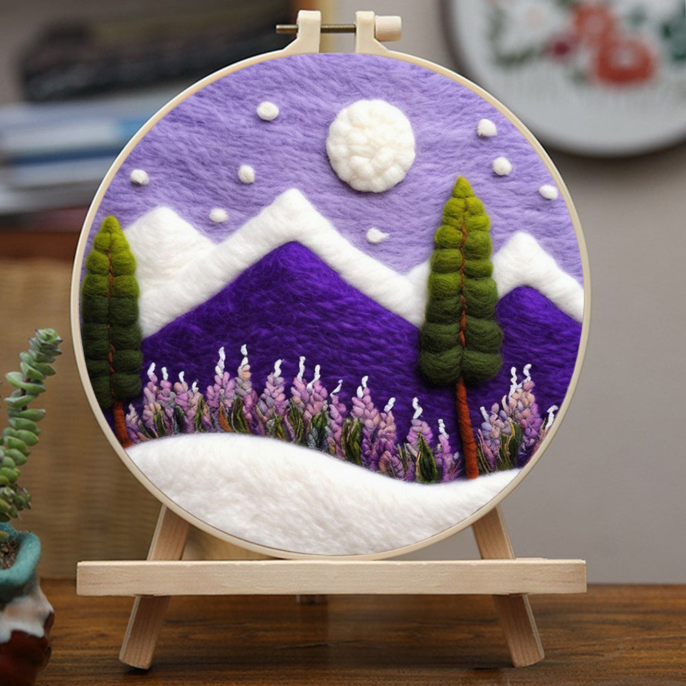 White Moon Glows Above Purple Peaks Wool Needle Felting Painting Kit