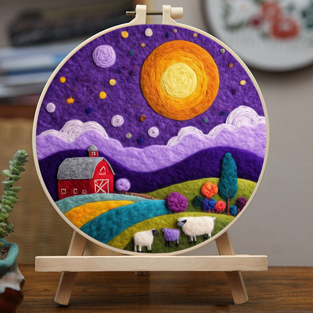 Red Barn Sits Beneath Starry Sky Wool Needle Felting Painting Kit