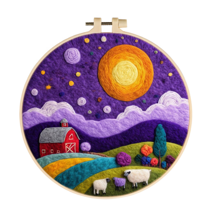 Red Barn Sits Beneath Starry Sky Wool Needle Felting Painting Kit