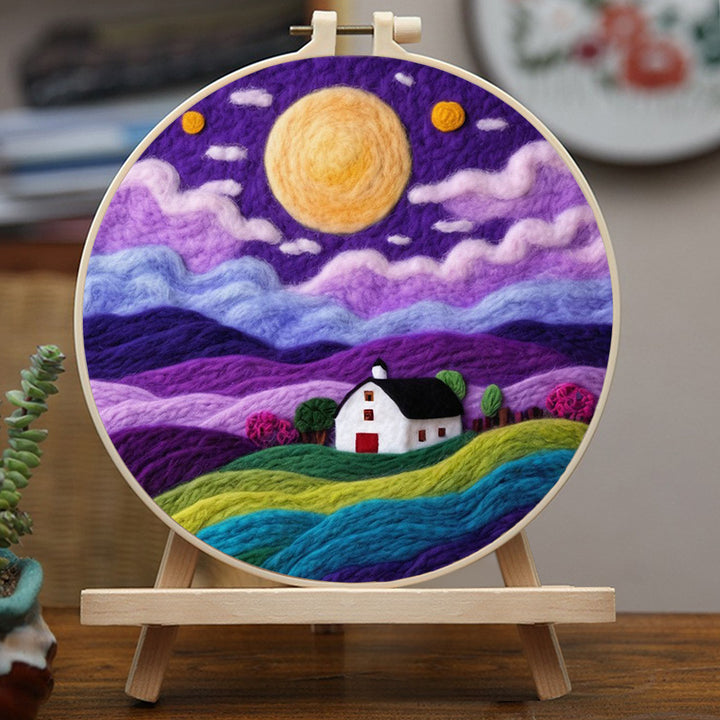 Golden Sun Hovers Over White Cottage Wool Needle Felting Painting Kit