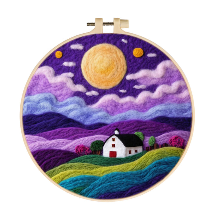 Golden Sun Hovers Over White Cottage Wool Needle Felting Painting Kit