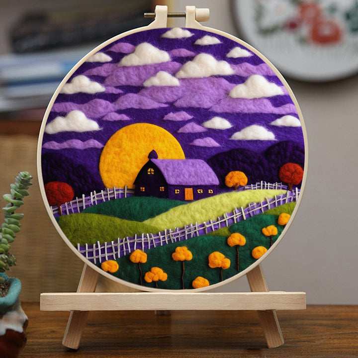 Yellow Moon Glows Behind Purple Cottage Wool Needle Felting Painting Kit