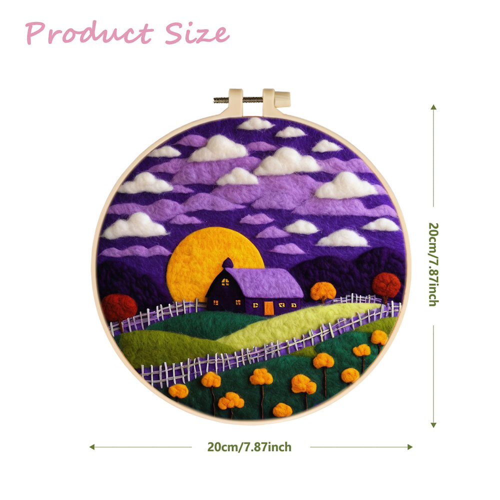 Yellow Moon Glows Behind Purple Cottage Wool Needle Felting Painting Kit