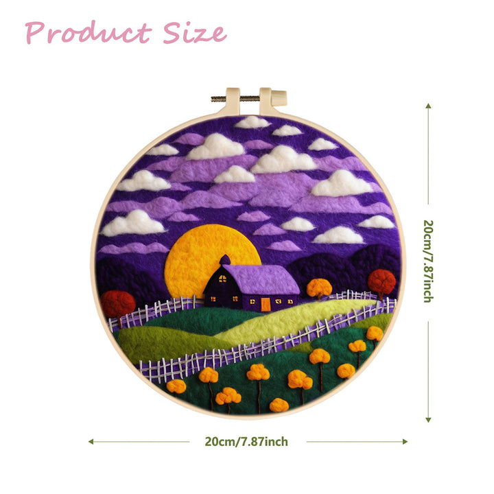 Yellow Moon Glows Behind Purple Cottage Wool Needle Felting Painting Kit