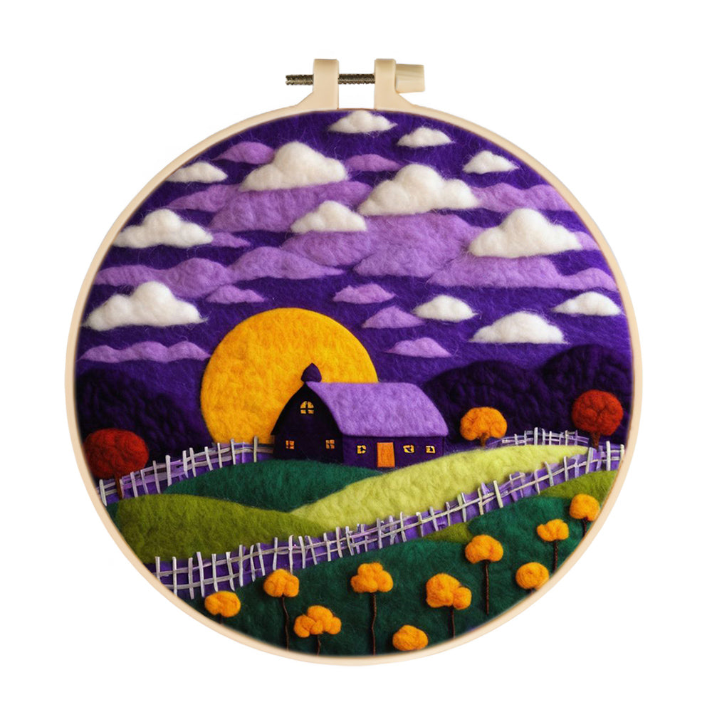 Yellow Moon Glows Behind Purple Cottage Wool Needle Felting Painting Kit