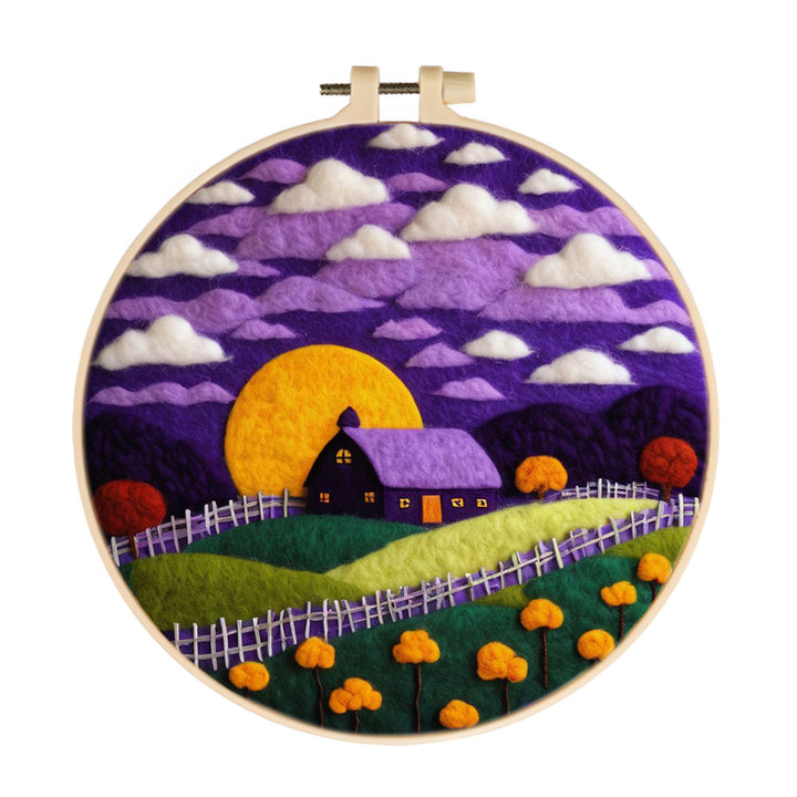 Yellow Moon Glows Behind Purple Cottage Wool Needle Felting Painting Kit
