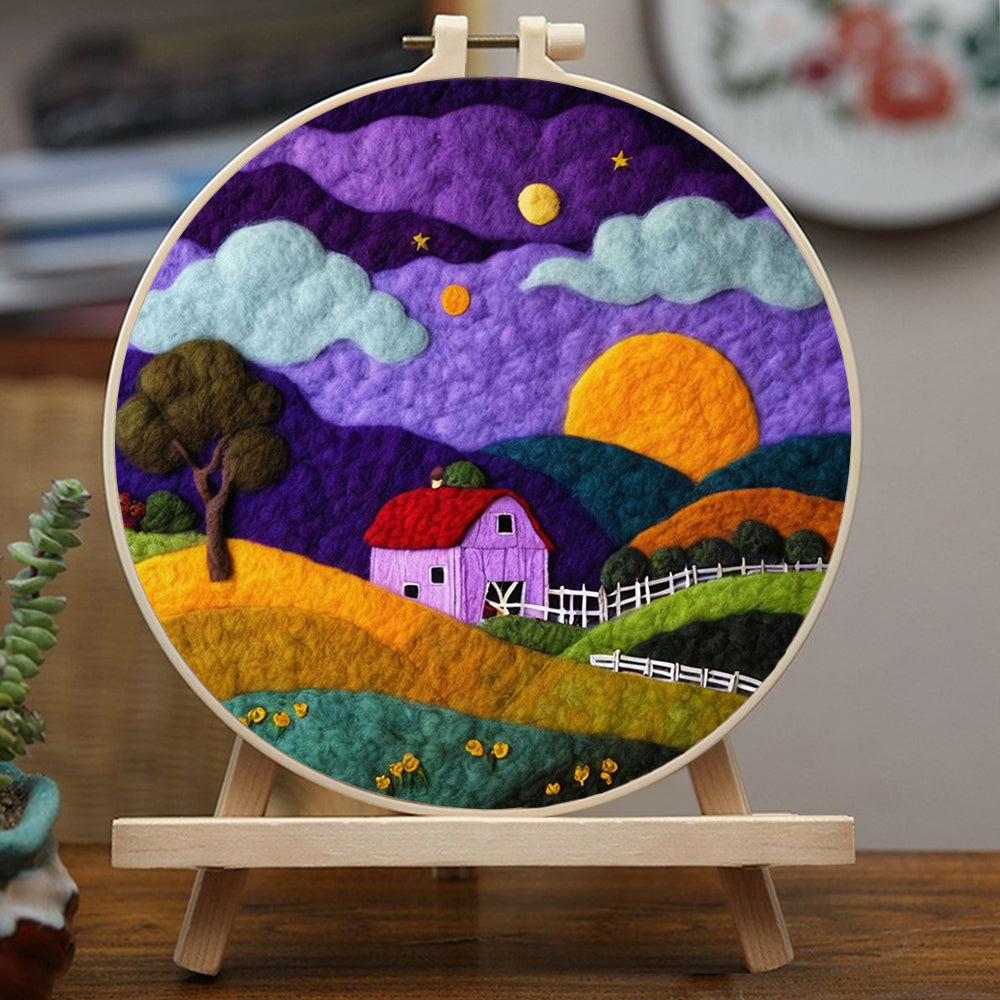 White Fence Lines Colorful Hills Wool Needle Felting Painting Kit