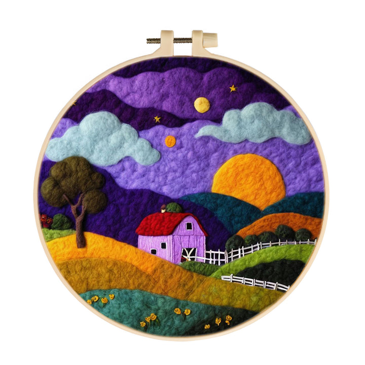 White Fence Lines Colorful Hills Wool Needle Felting Painting Kit