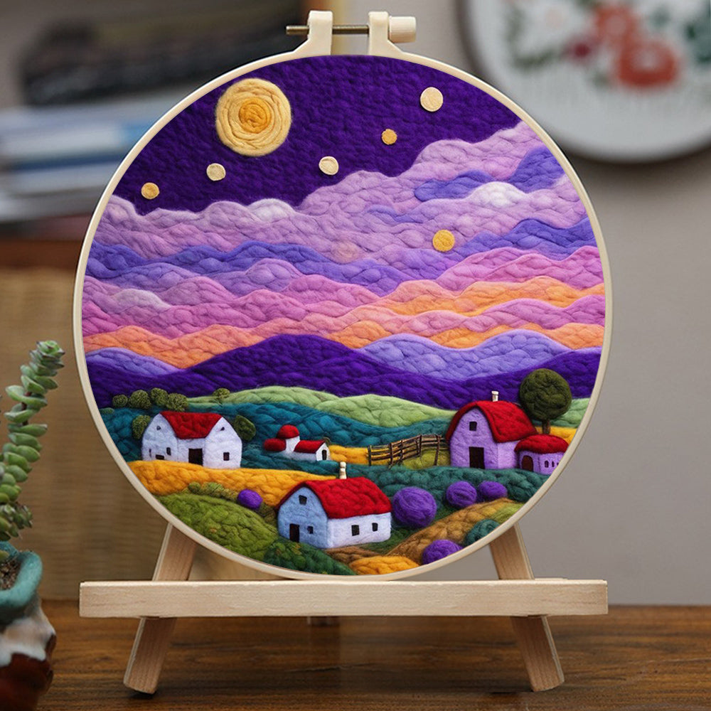 Peaceful Town Beneath Purple Clouds Wool Needle Felting Painting Kit