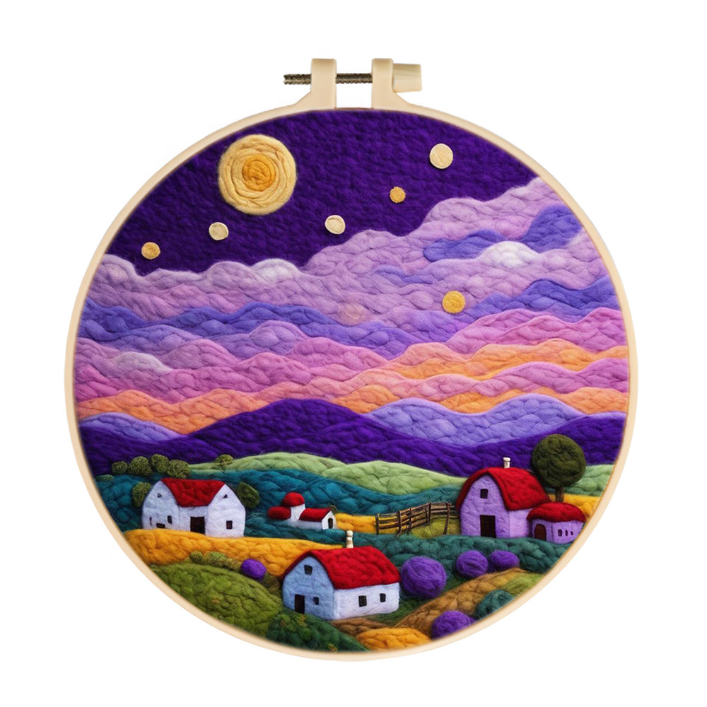 Peaceful Town Beneath Purple Clouds Wool Needle Felting Painting Kit