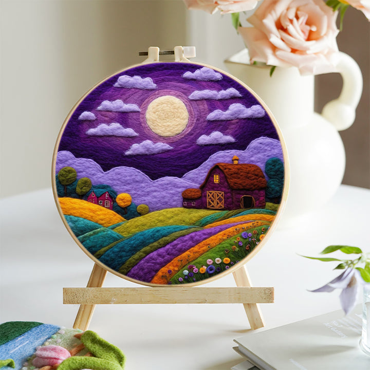 Purple Village under the Moon Wool Needle Felting Painting Kit
