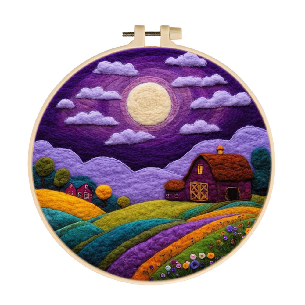 Purple Village under the Moon Wool Needle Felting Painting Kit