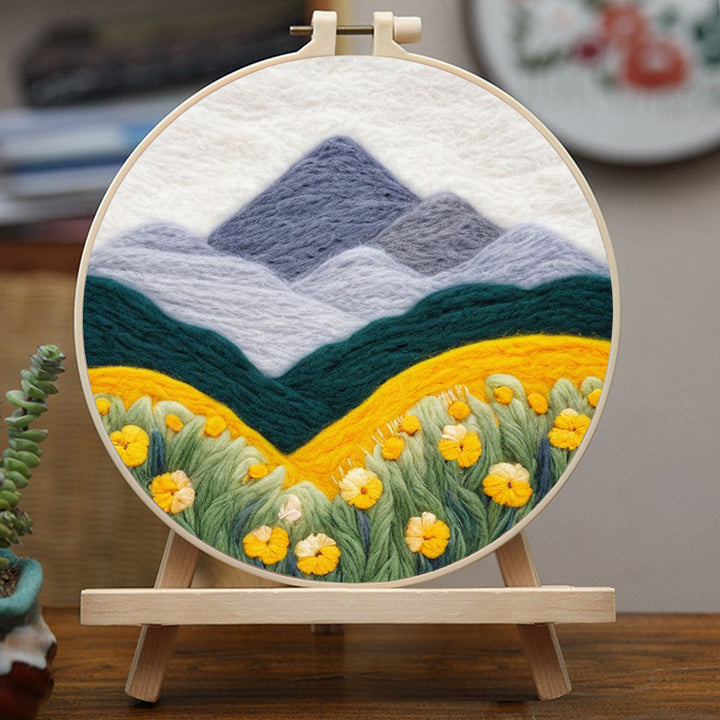 Dark Green Valleys Frame Yellow Flower Wool Needle Felting Painting Kit