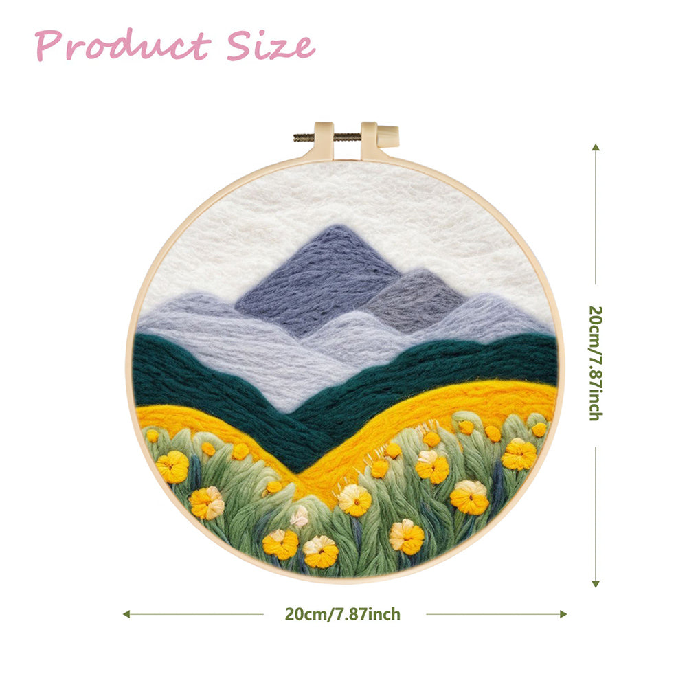 Dark Green Valleys Frame Yellow Flower Wool Needle Felting Painting Kit