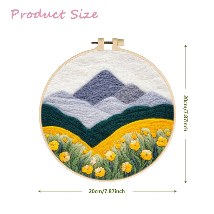 Dark Green Valleys Frame Yellow Flower Wool Needle Felting Painting Kit
