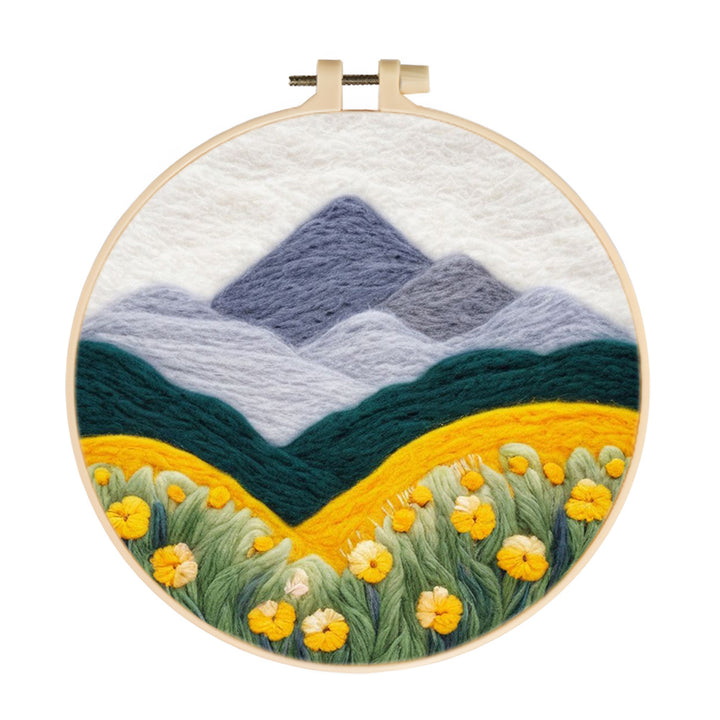 Dark Green Valleys Frame Yellow Flower Wool Needle Felting Painting Kit