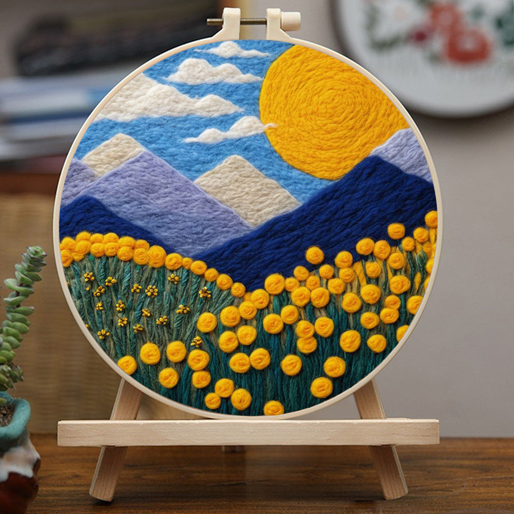 Blue Hills Frame Bright Yellow Flowers Wool Needle Felting Painting Kit