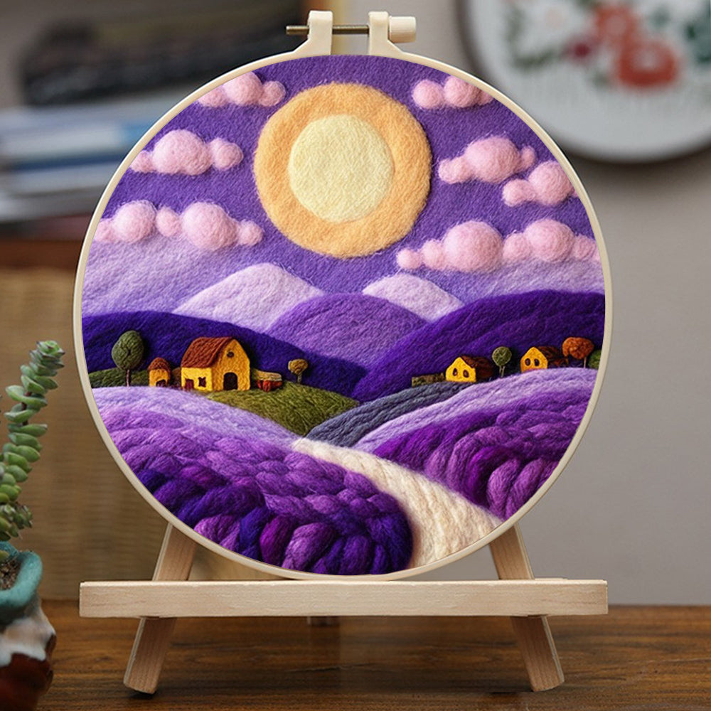 Pink Clouds Float In Purple Sky Mountains Wool Needle Felting Painting Kit