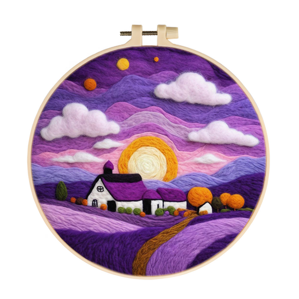 Cabin Enveloped in Tranquil Purple Wool Needle Felting Painting Kit