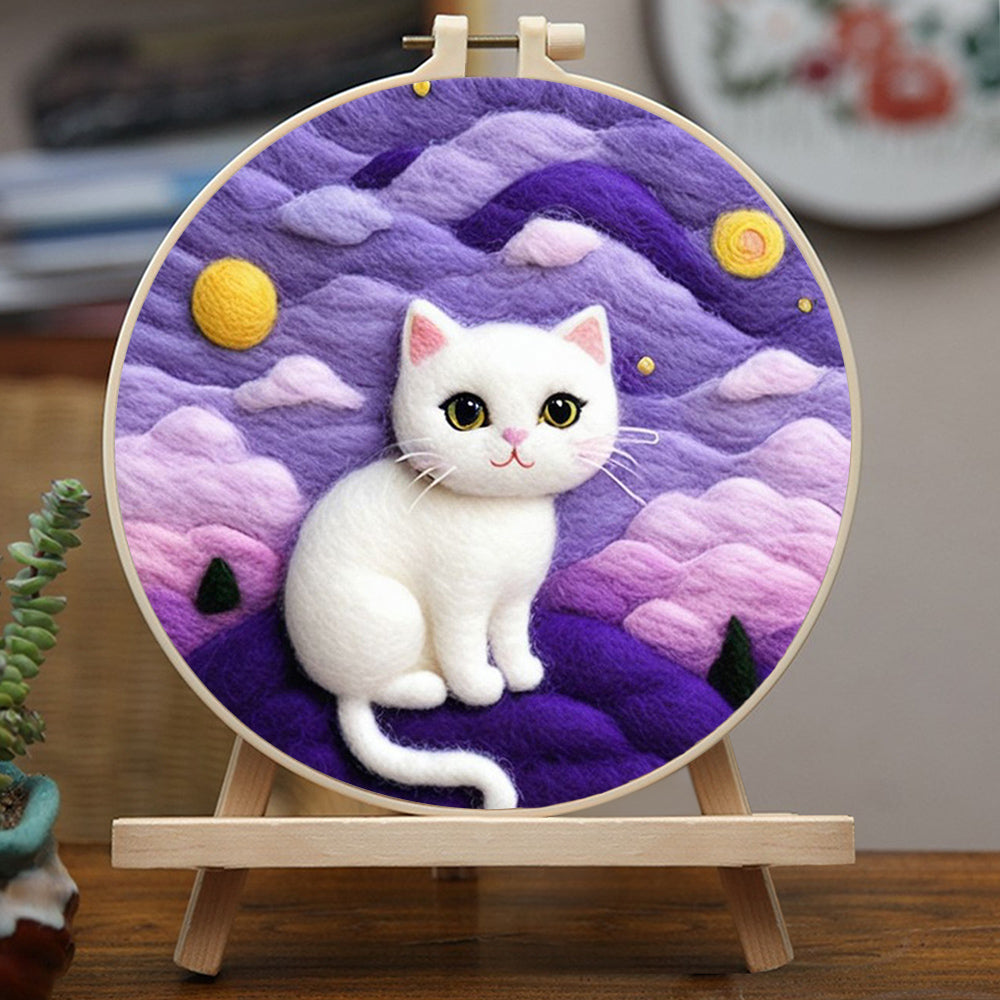 White Cat Under Purple Dream Wool Needle Felting Painting Kit