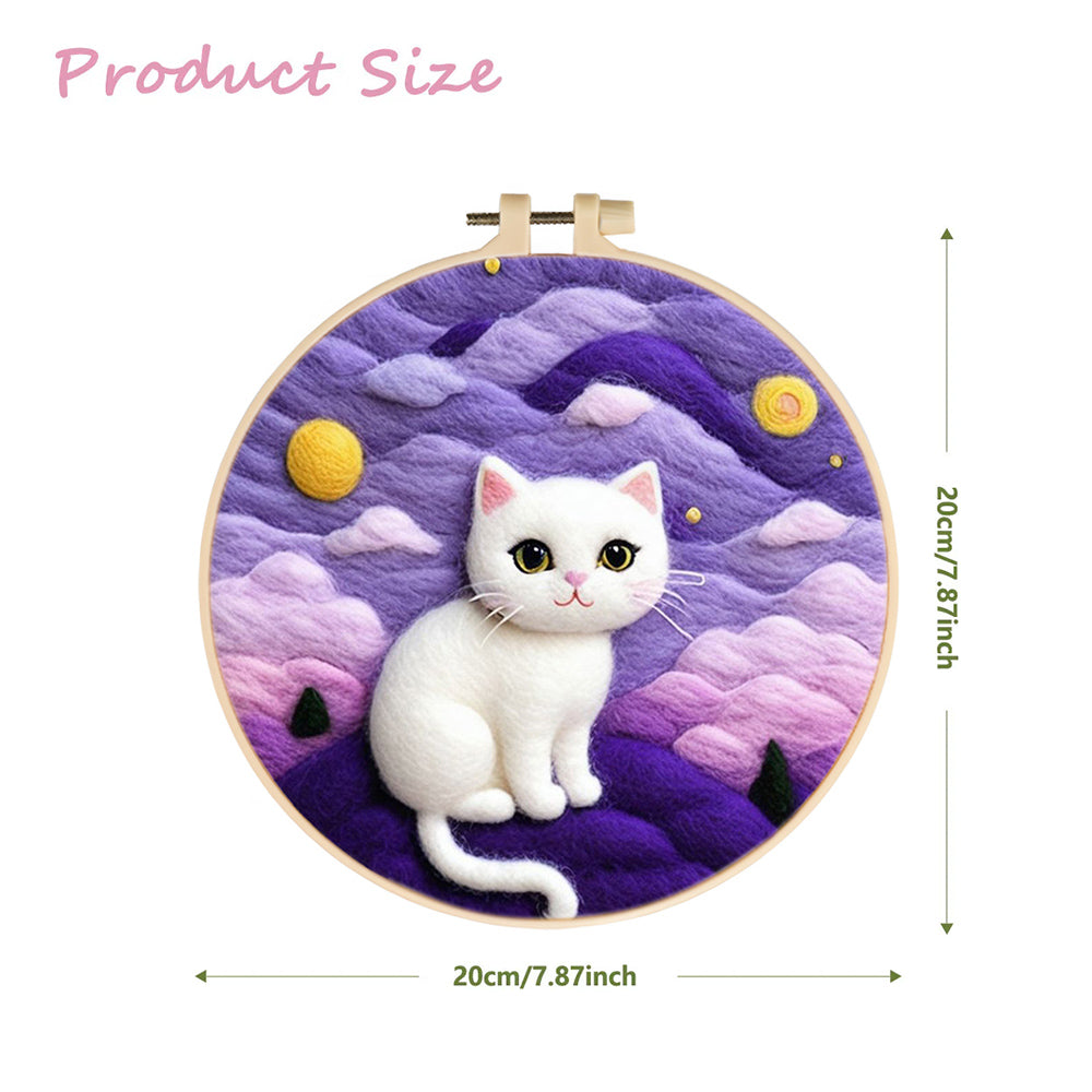 White Cat Under Purple Dream Wool Needle Felting Painting Kit