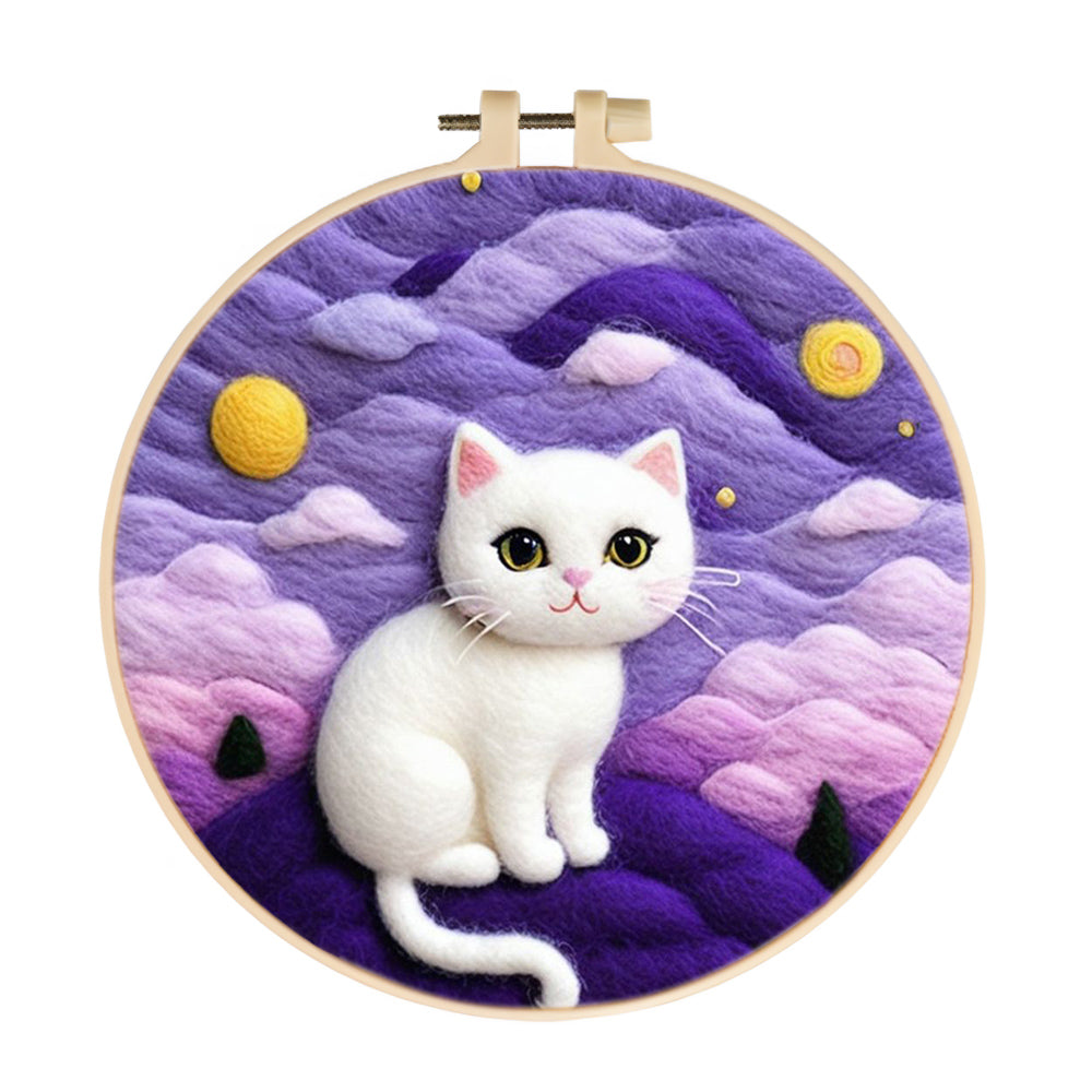 White Cat Under Purple Dream Wool Needle Felting Painting Kit