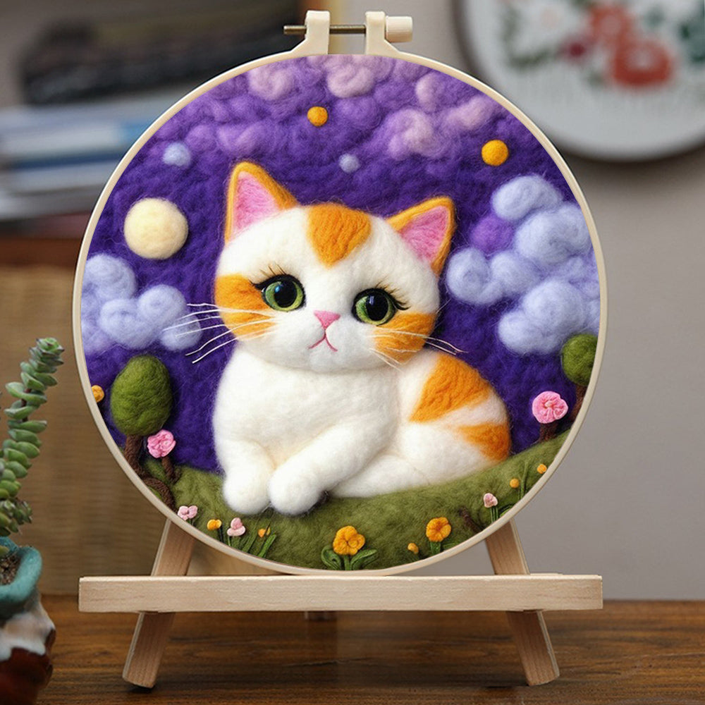 Cute Cat on Grass Beneath Purple Sky Wool Needle Felting Painting Kit